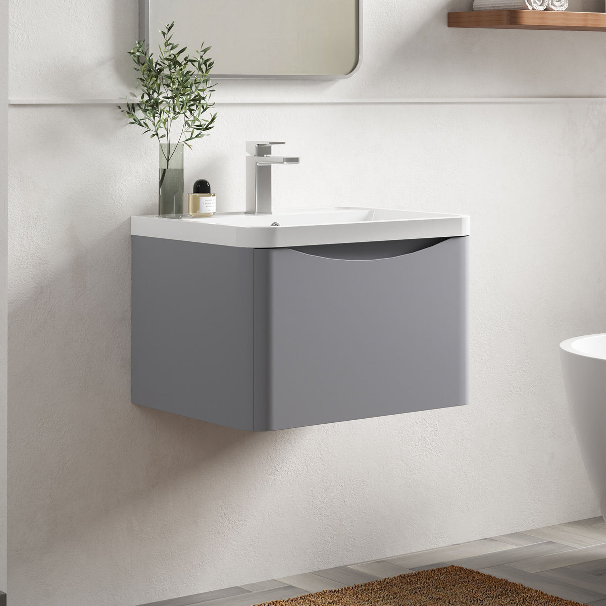 Modern Splash 600mm Satin Grey 1 Drawer Wall Hung Vanity Unit With Polymarble Basin