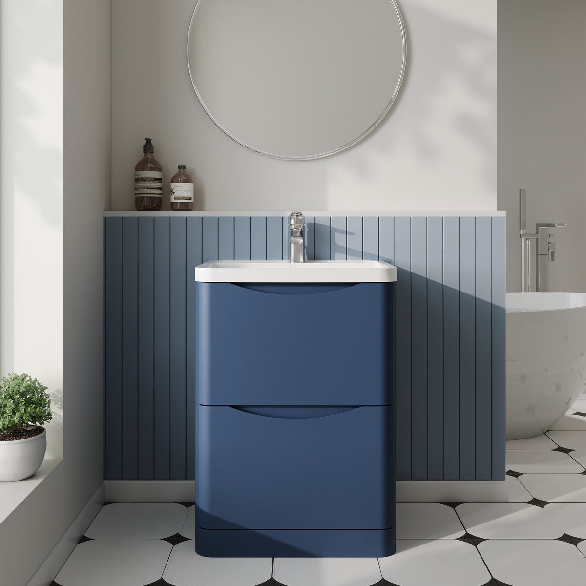 Modern Splash 600mm Satin Blue 2 Drawer Floor Standing Vanity Unit With Polymarble Basin