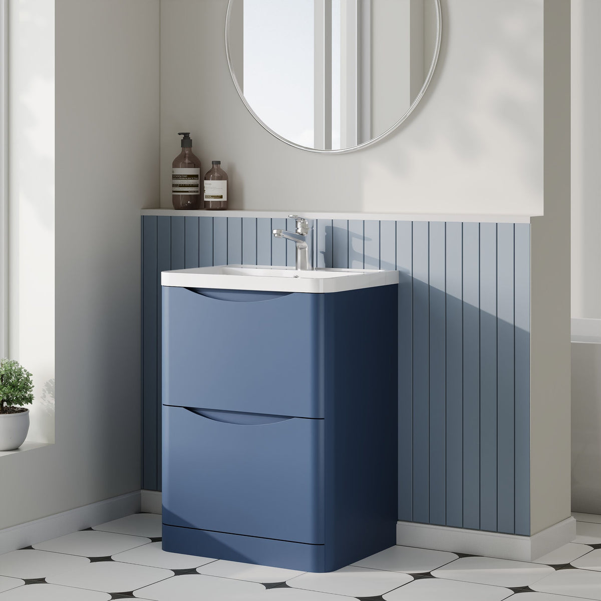 Modern Splash 600mm Satin Blue 2 Drawer Floor Standing Vanity Unit With Polymarble Basin