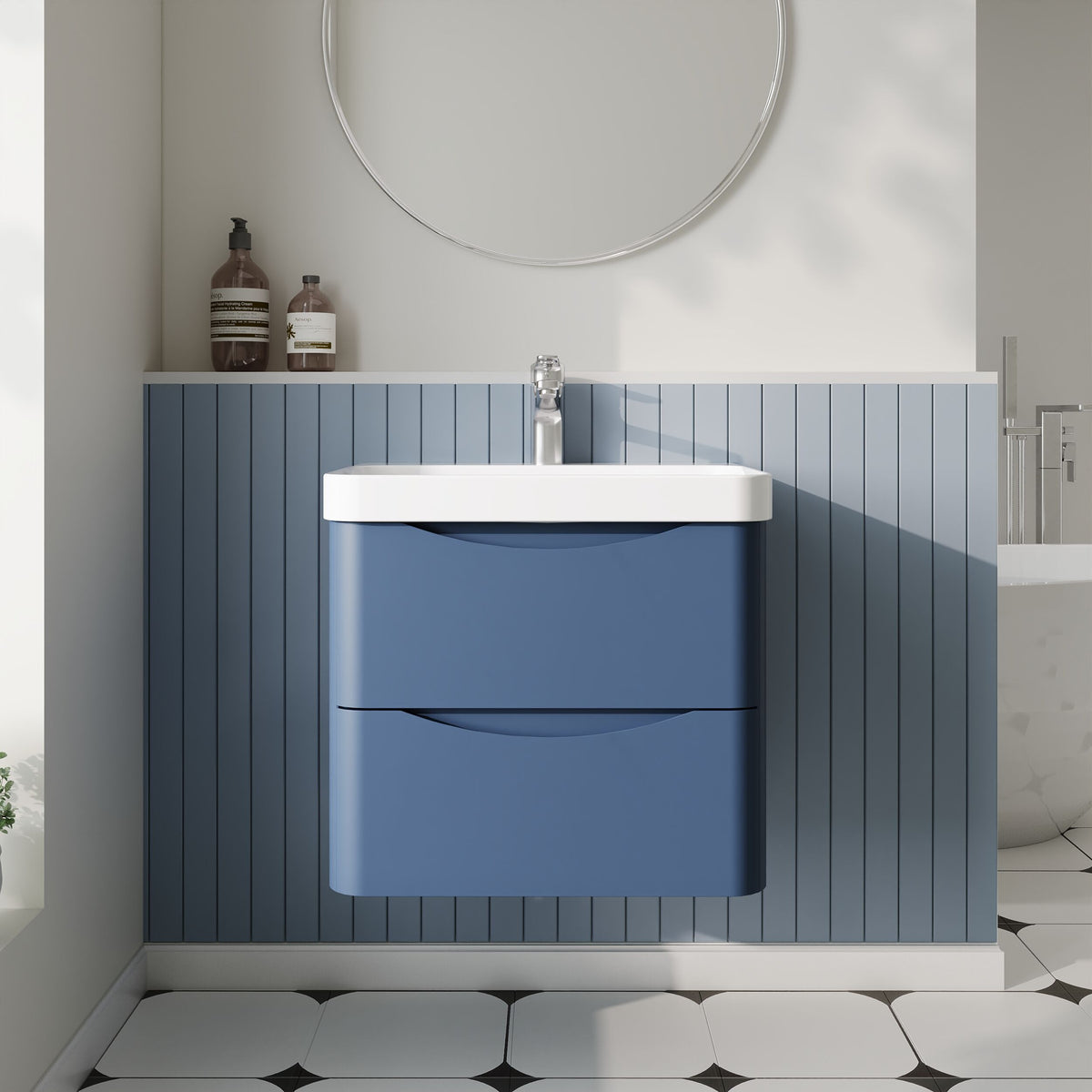 Modern Splash 600mm Satin Blue 2 Drawer Wall Hung Vanity Unit With Thin Edge Basin