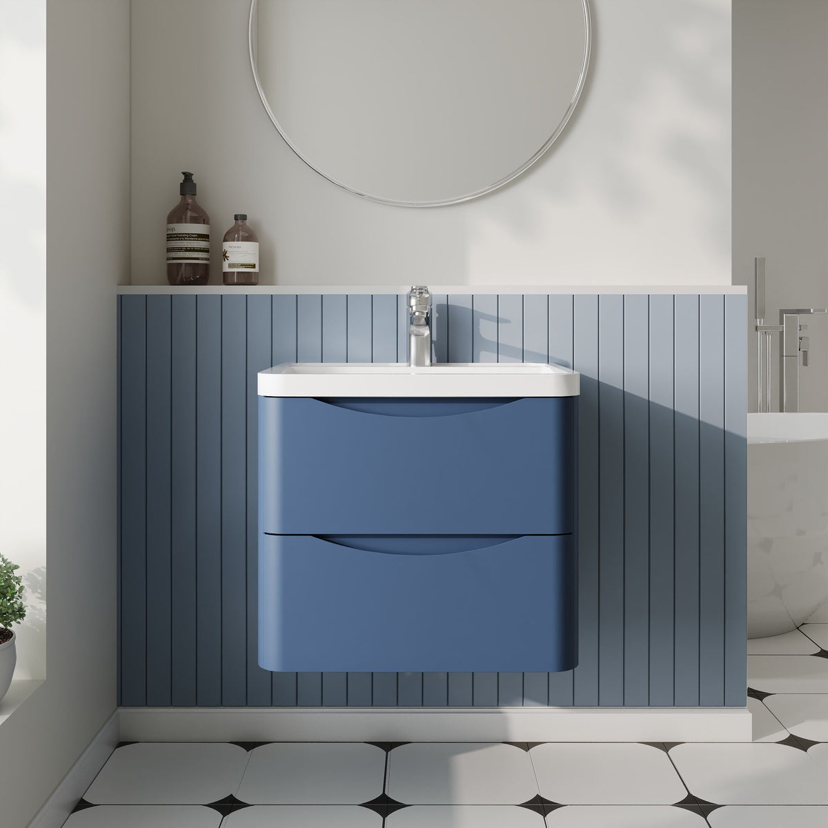 Modern Splash 600mm Satin Blue 2 Drawer Wall Hung Vanity Unit With Polymarble Basin