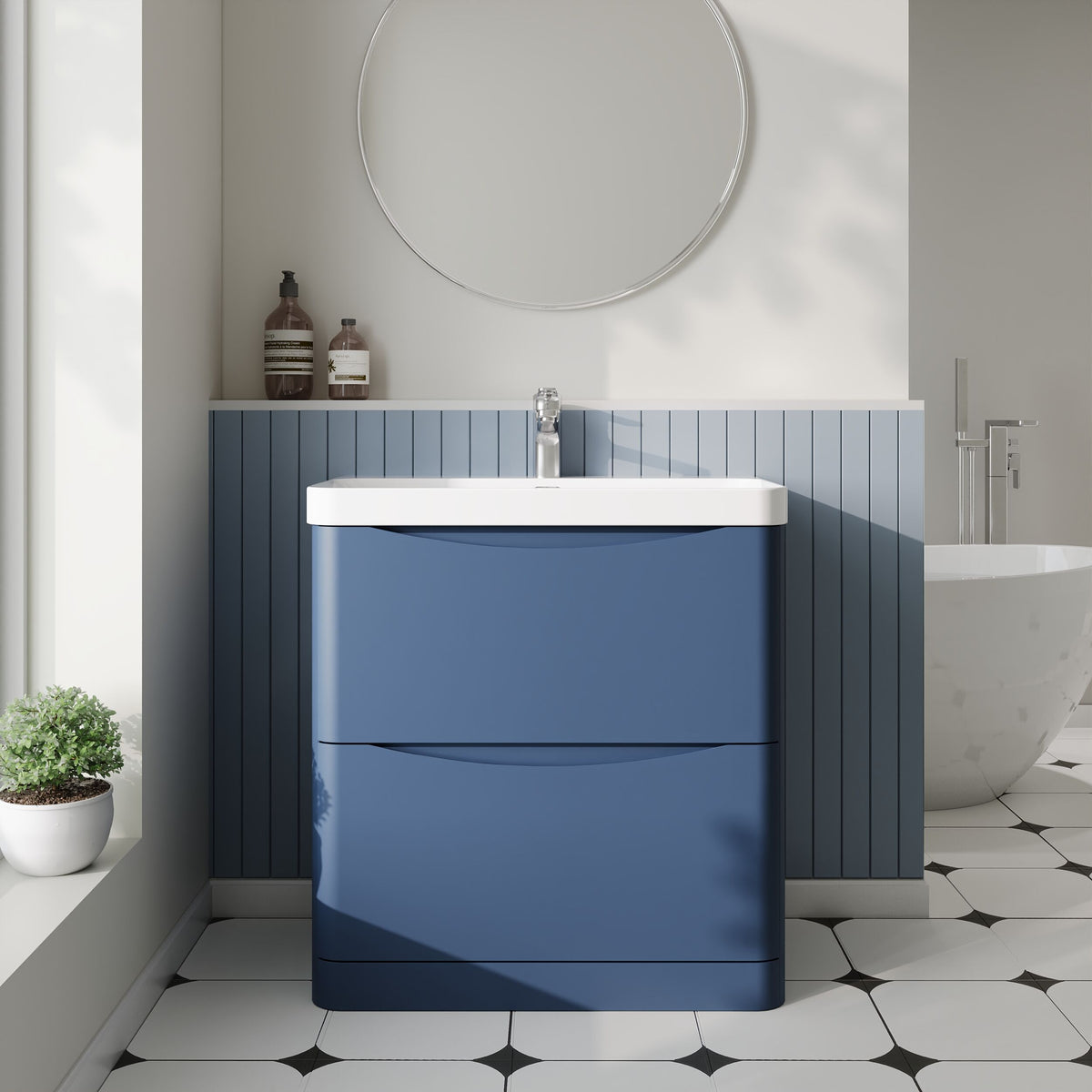 Modern Splash 800mm Satin Blue 2 Drawer Floor Standing Vanity Unit With Thin Edge Basin