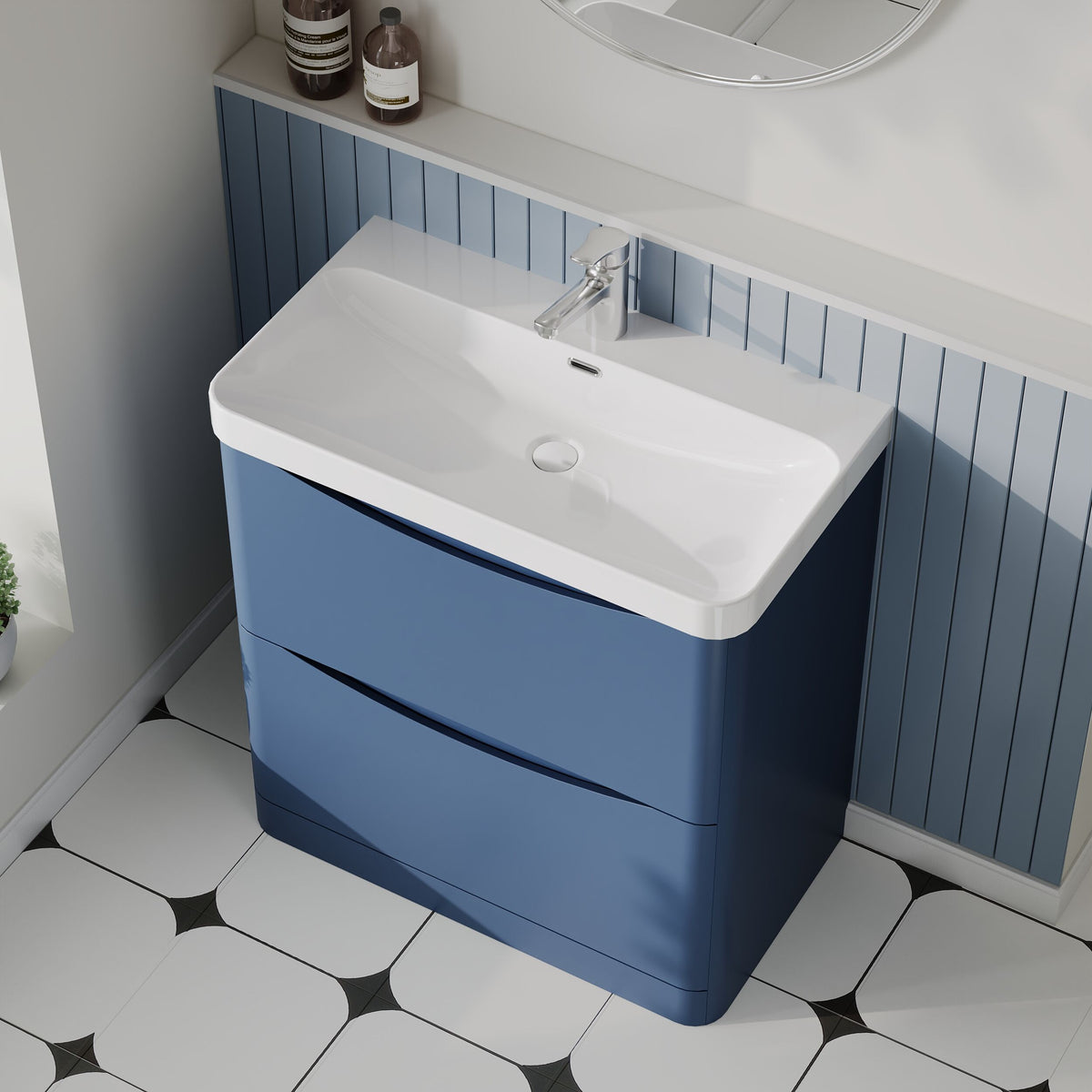 Modern Splash 800mm Satin Blue 2 Drawer Floor Standing Vanity Unit With Thin Edge Basin