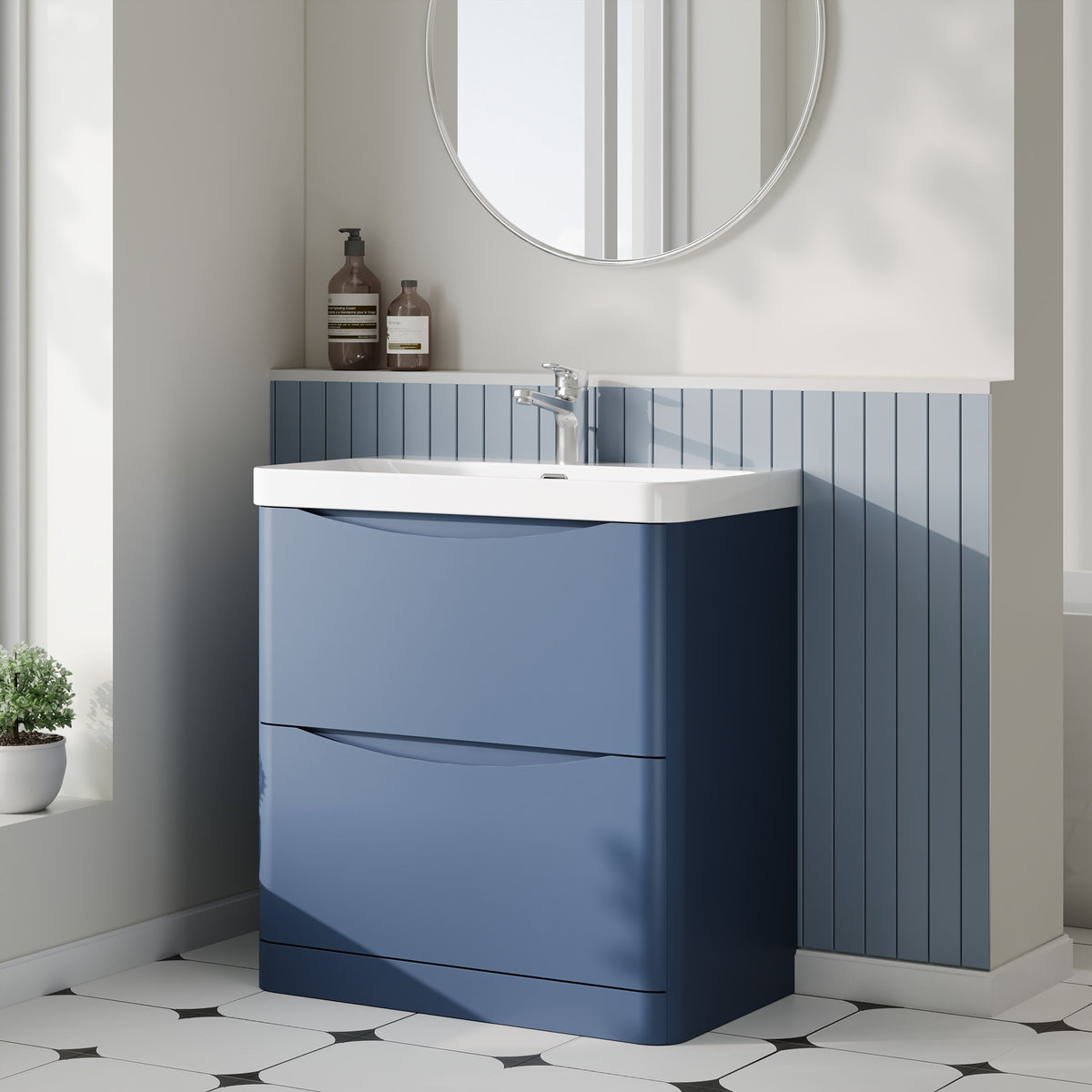 Modern Splash 800mm Satin Blue 2 Drawer Floor Standing Vanity Unit With Thin Edge Basin