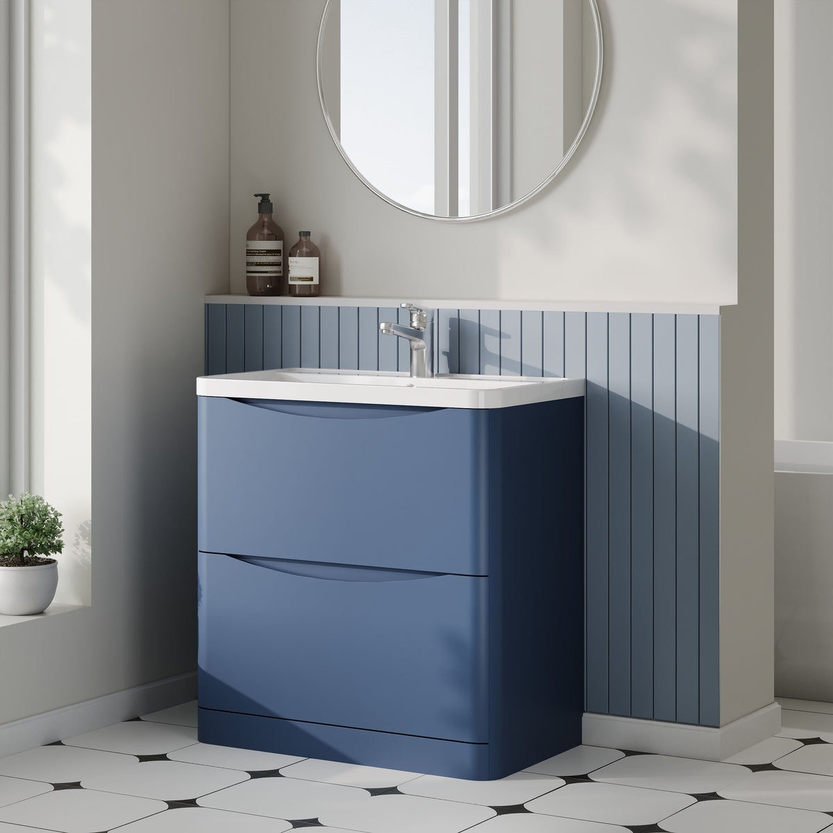 Modern Splash 800mm Satin Blue 2 Drawer Floor Standing Vanity Unit With Polymarble Basin