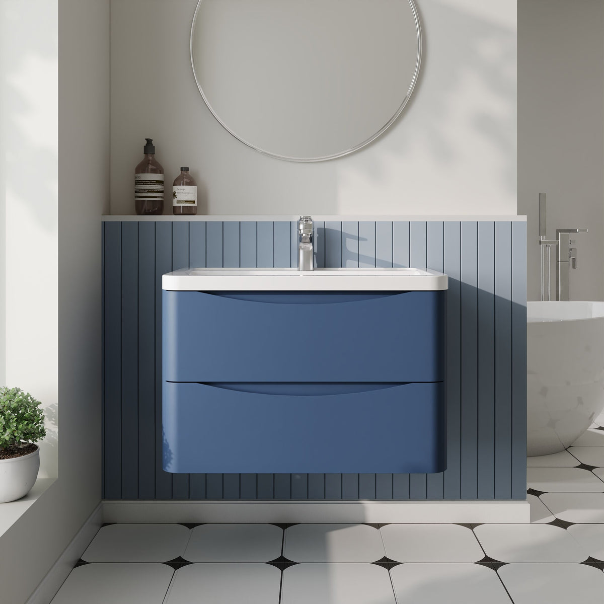 Modern Splash 800mm Satin Blue 2 Drawer Wall Hung Vanity Unit With Basin