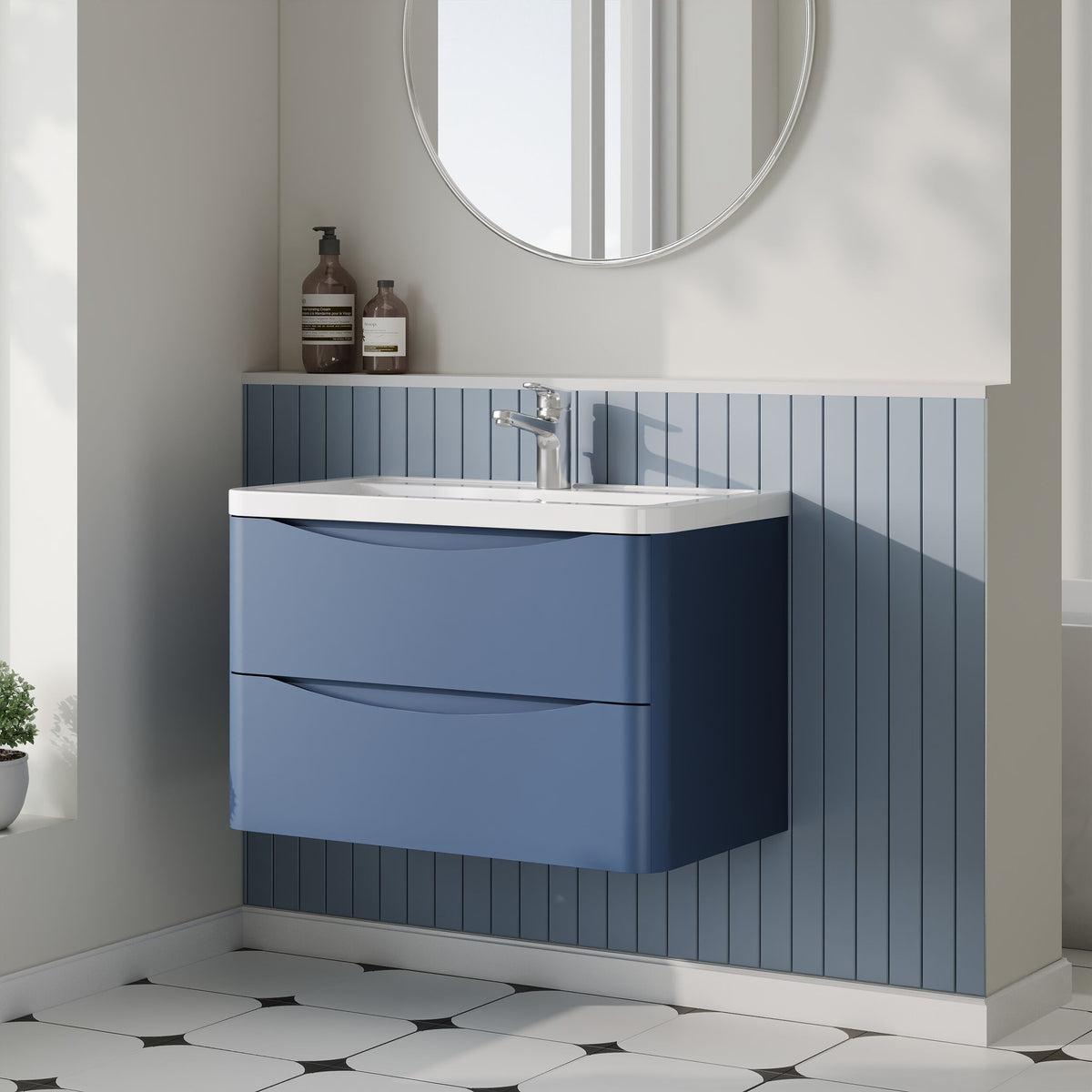 Modern Splash 800mm Satin Blue 2 Drawer Wall Hung Vanity Unit With Basin
