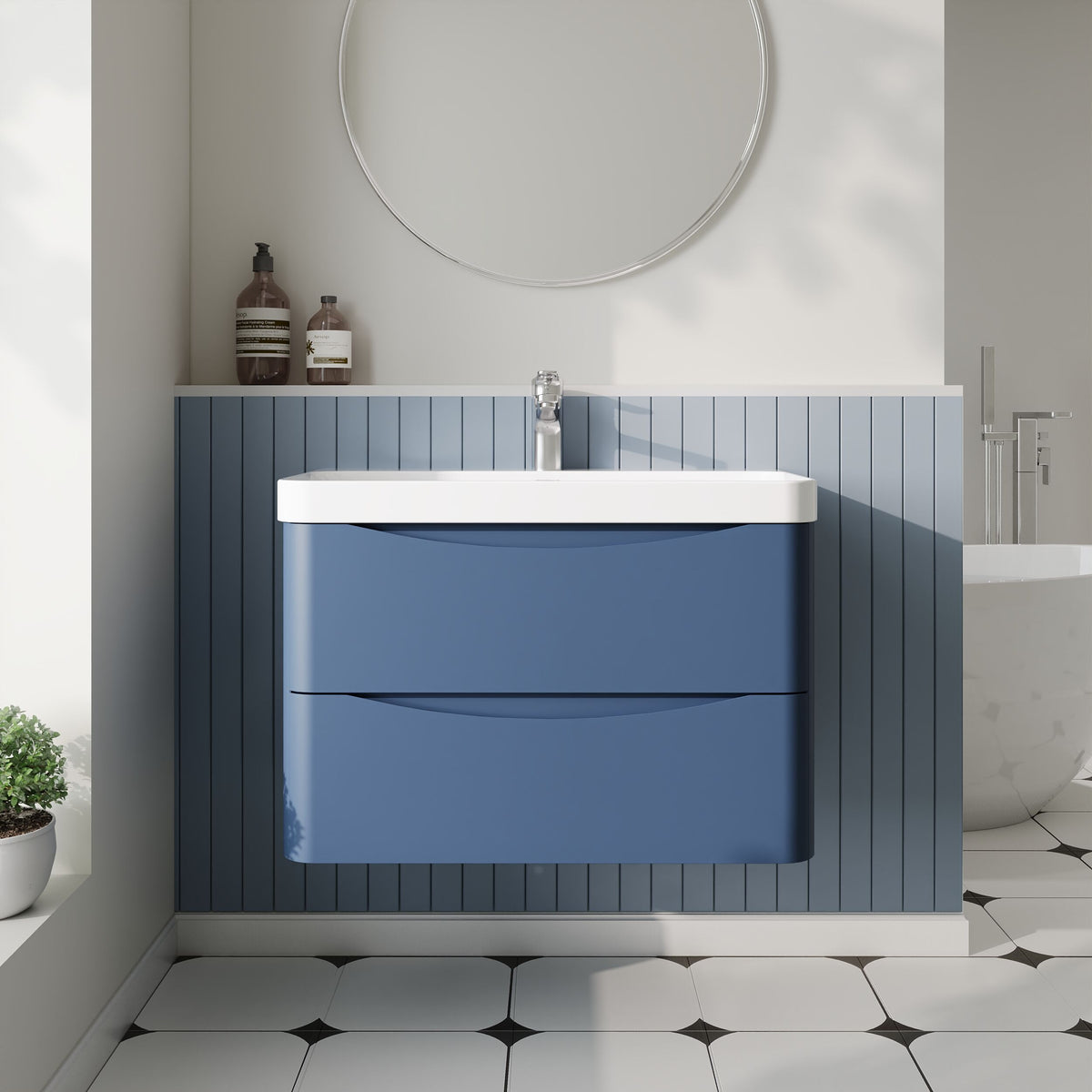 Modern Splash 800mm Satin Blue 2 Drawer Wall Hung Vanity Unit With Thin Edge Basin
