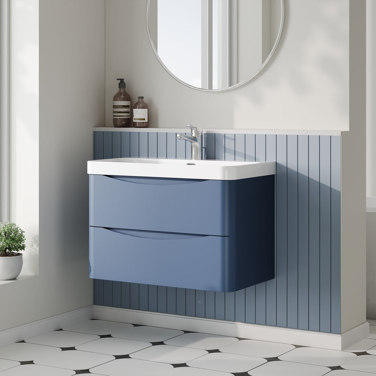 Modern Splash 800mm Satin Blue 2 Drawer Wall Hung Vanity Unit With Thin Edge Basin