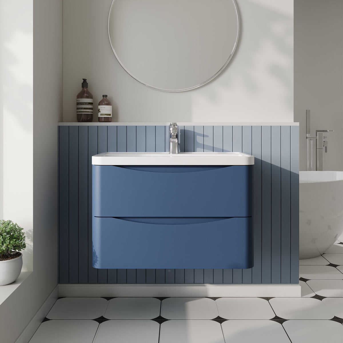 Modern Splash 800mm Satin Blue 2 Drawer Wall Hung Vanity Unit With Polymarble Basin