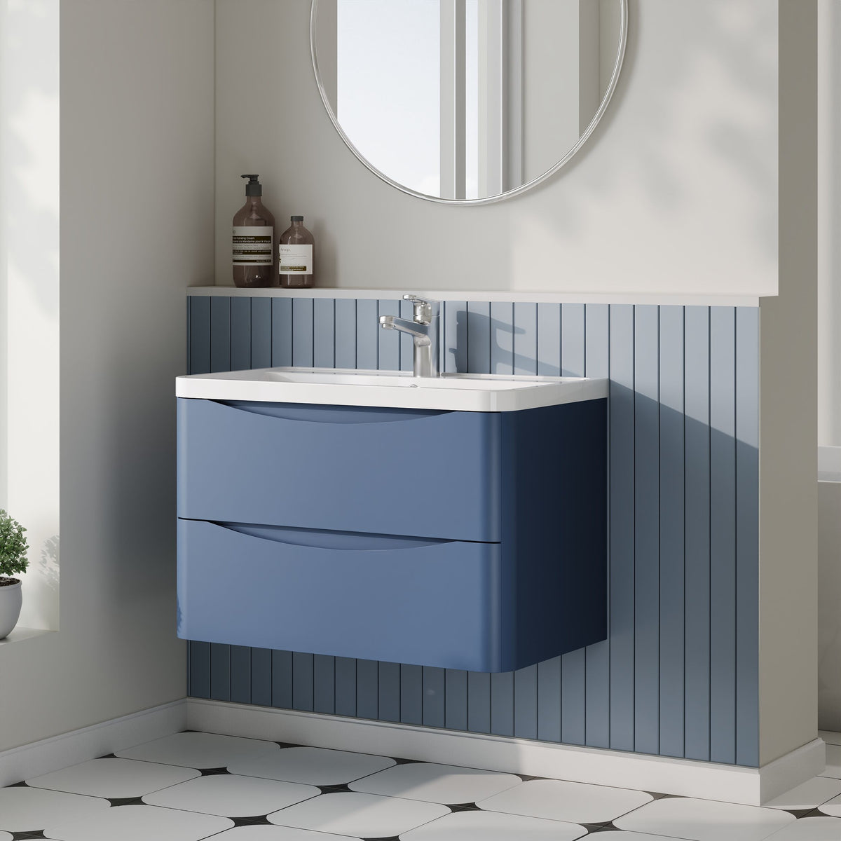 Modern Splash 800mm Satin Blue 2 Drawer Wall Hung Vanity Unit With Polymarble Basin