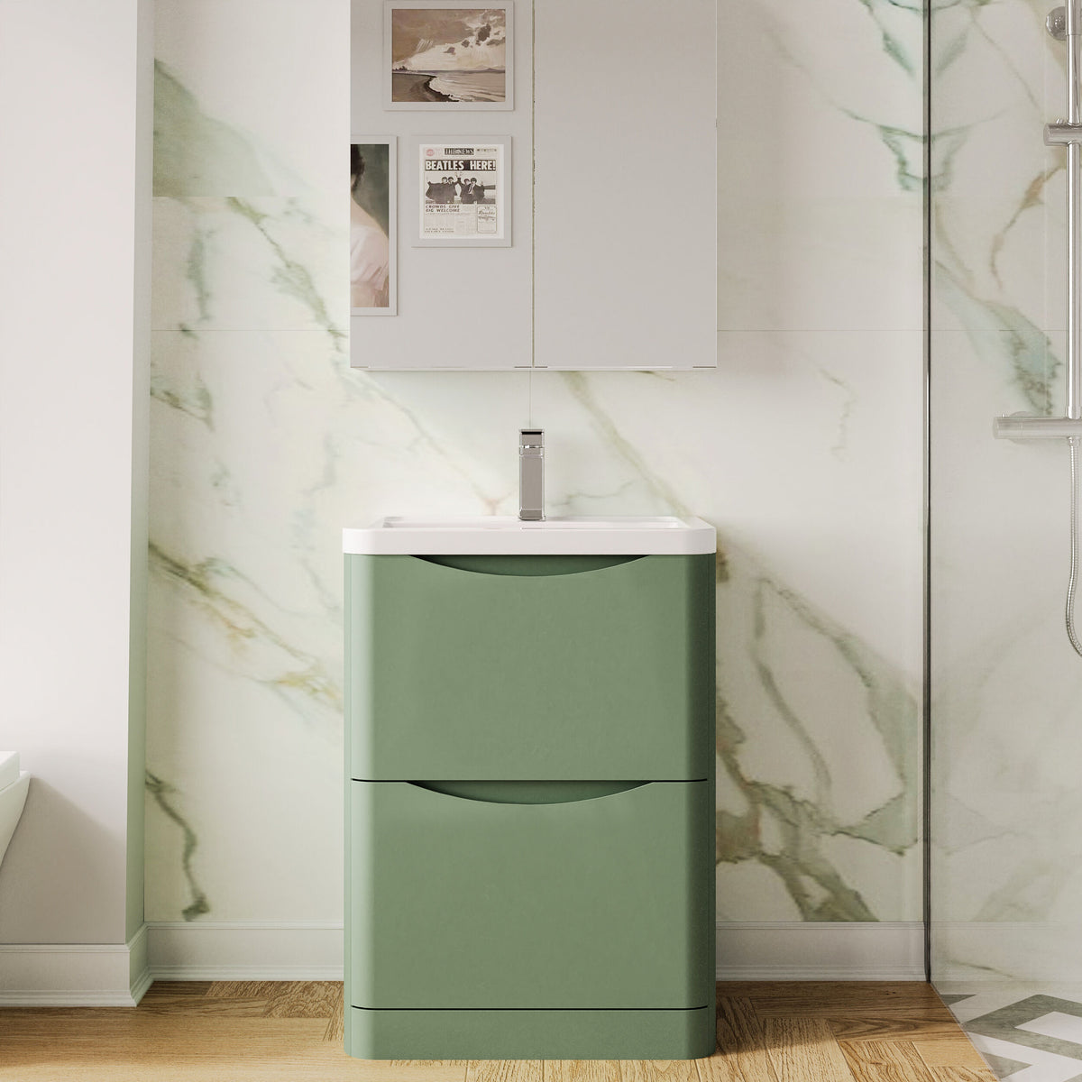 Modern Splash 600mm Satin Green 2 Drawer Floor Standing Vanity Unit With Basin