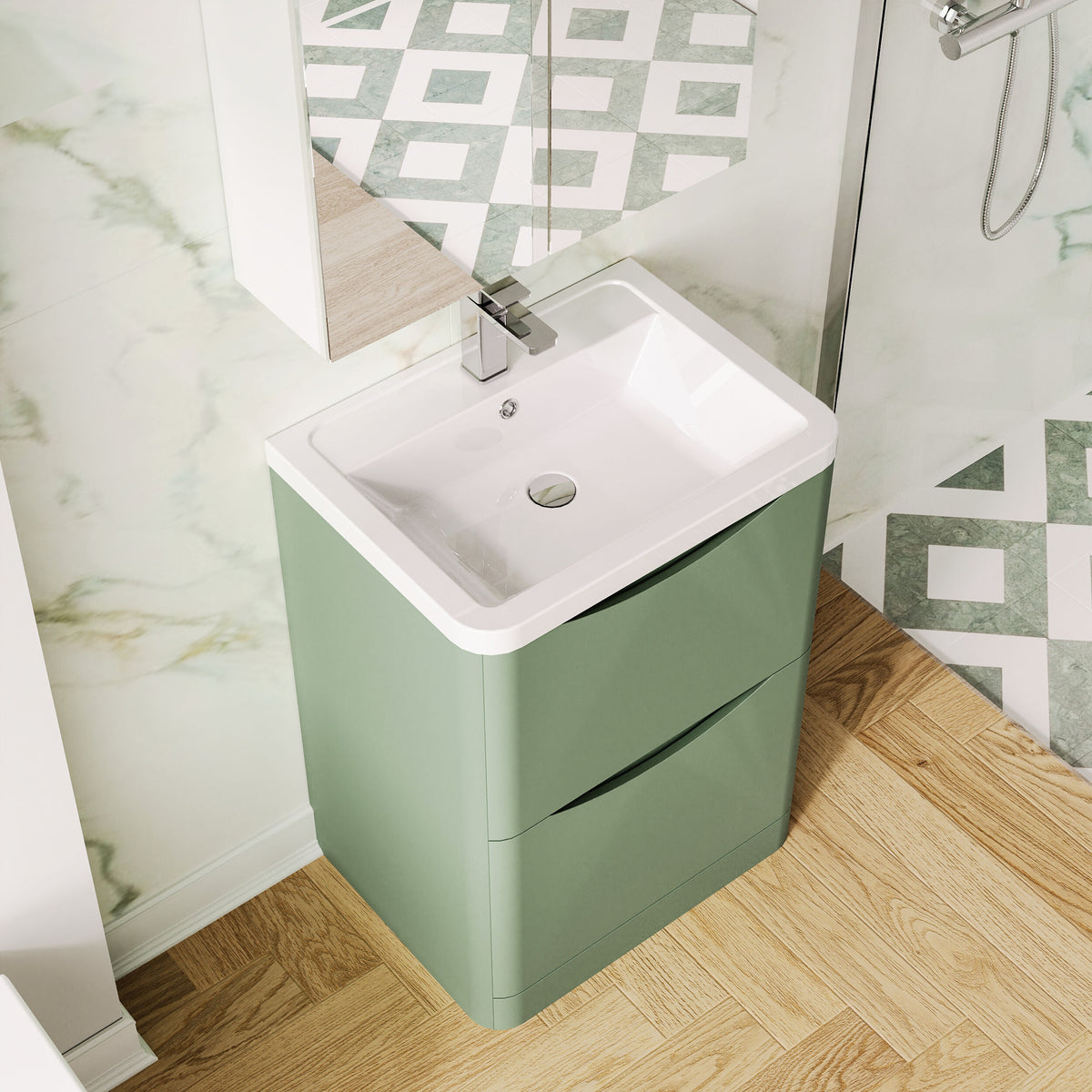 Modern Splash 600mm Satin Green 2 Drawer Floor Standing Vanity Unit With Basin