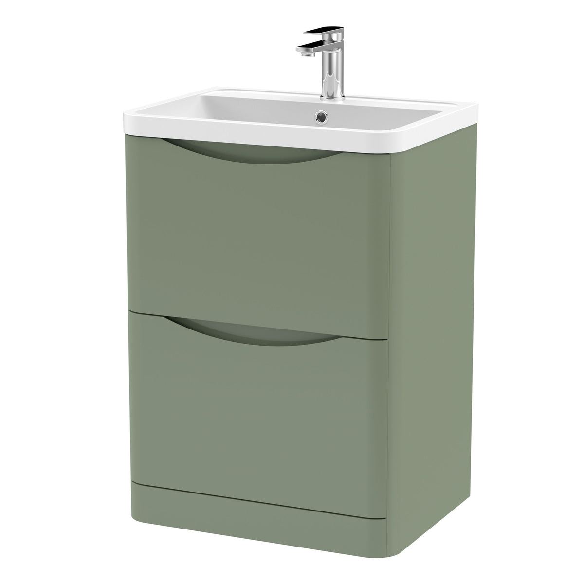 Modern Splash 600mm Satin Green 2 Drawer Floor Standing Vanity Unit With Polymarble Basin
