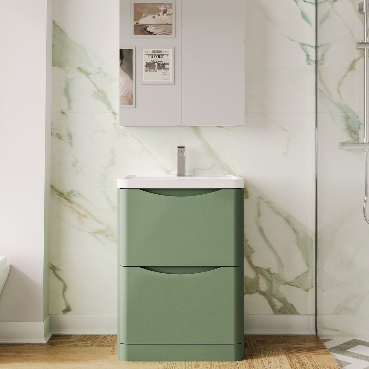 Modern Splash 600mm Satin Green 2 Drawer Floor Standing Vanity Unit With Polymarble Basin