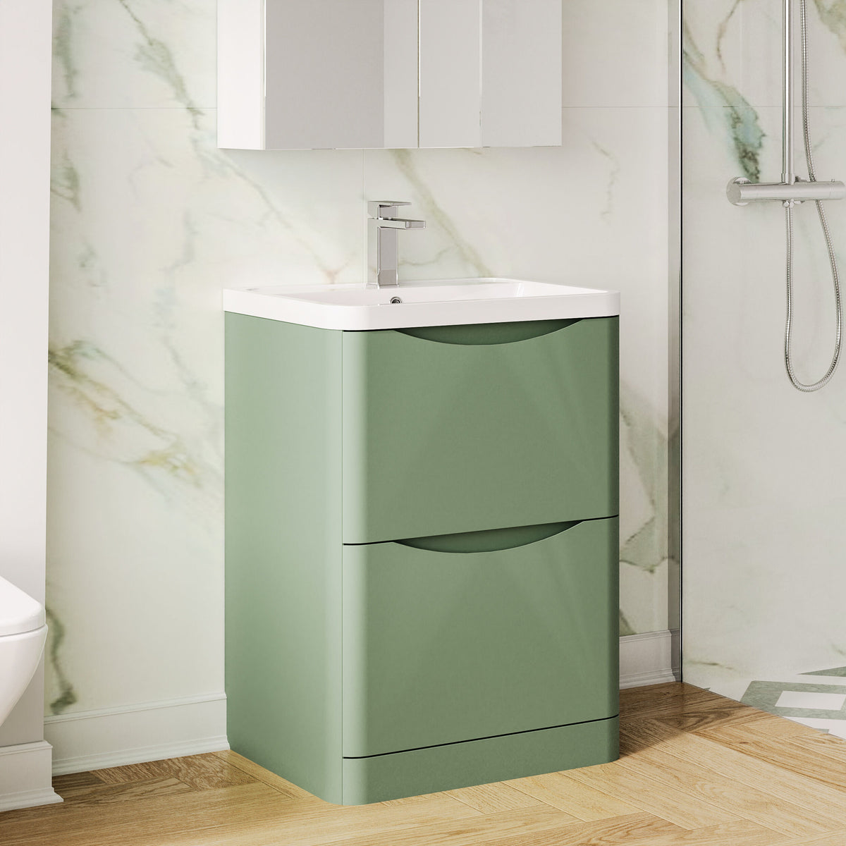 Modern Splash 600mm Satin Green 2 Drawer Floor Standing Vanity Unit With Polymarble Basin