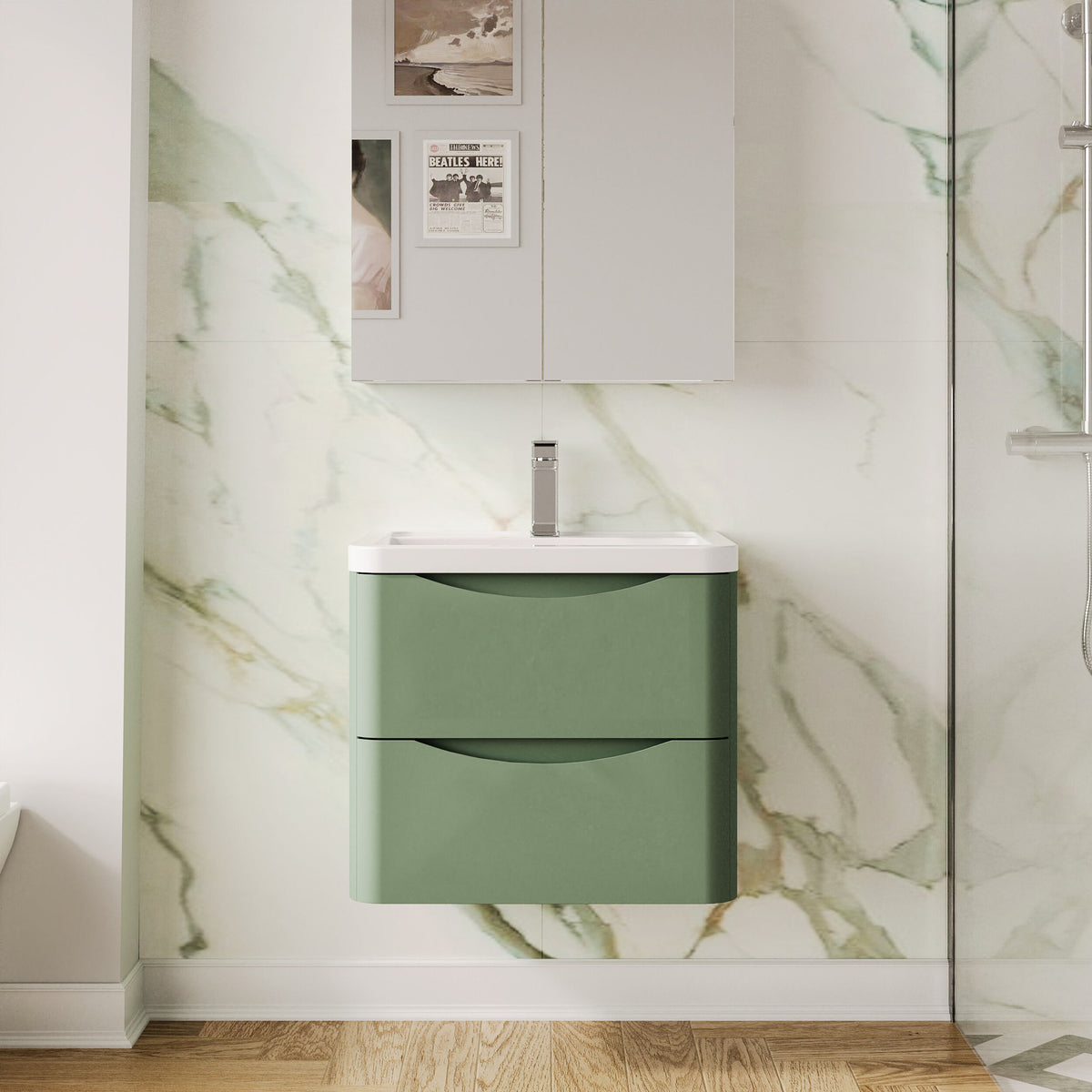 Modern Splash 600mm Satin Green 2 Drawer Wall Hung Vanity Unit With Basin