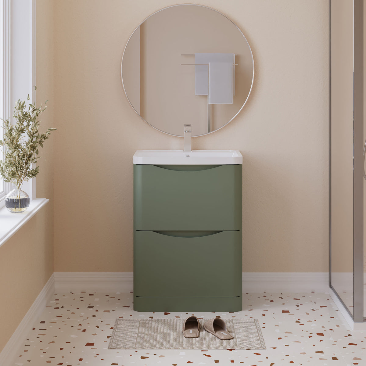 Modern Splash 600mm Satin Green 2 Drawer Wall Hung Vanity Unit With Polymarble Basin