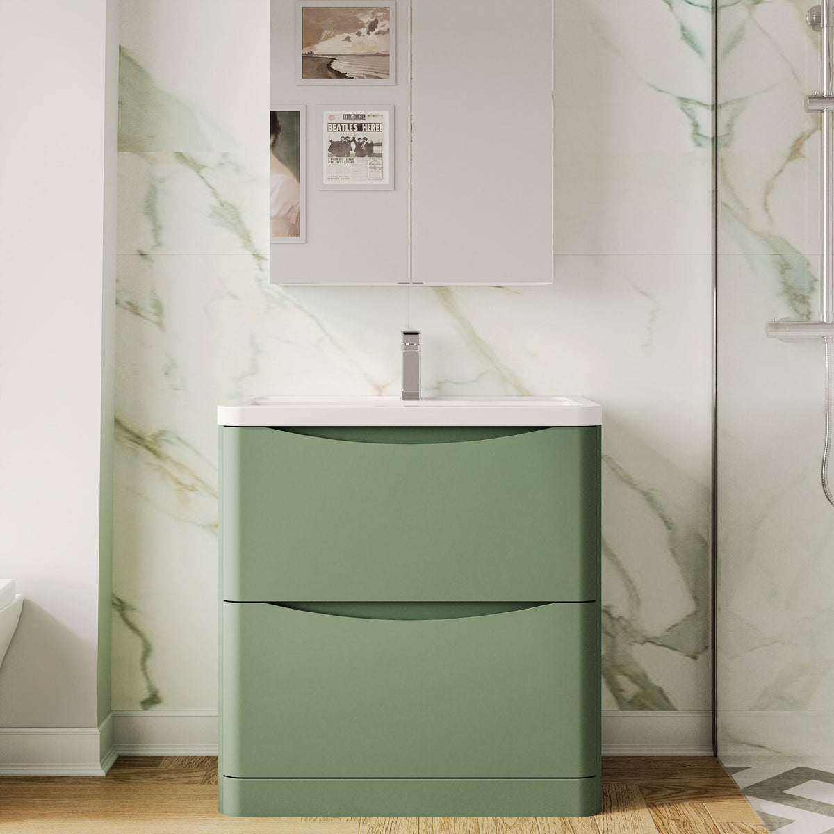 Modern Splash 800mm Satin Green 2 Drawer Floor Standing Vanity Unit With Basin