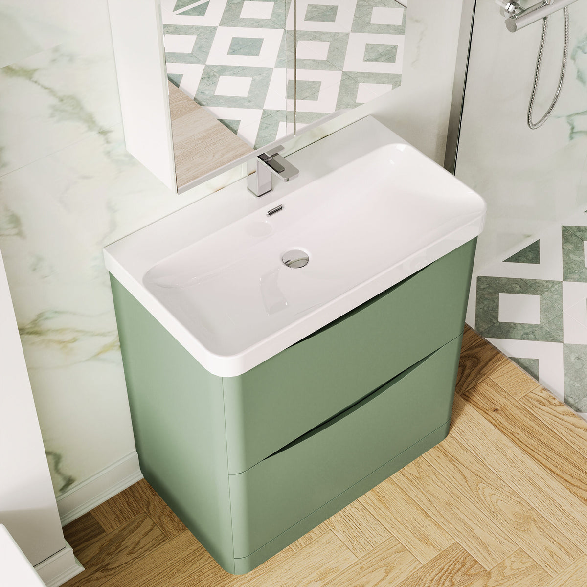 Modern Splash 800mm Satin Green 2 Drawer Floor Standing Vanity Unit With Thin Edge Basin