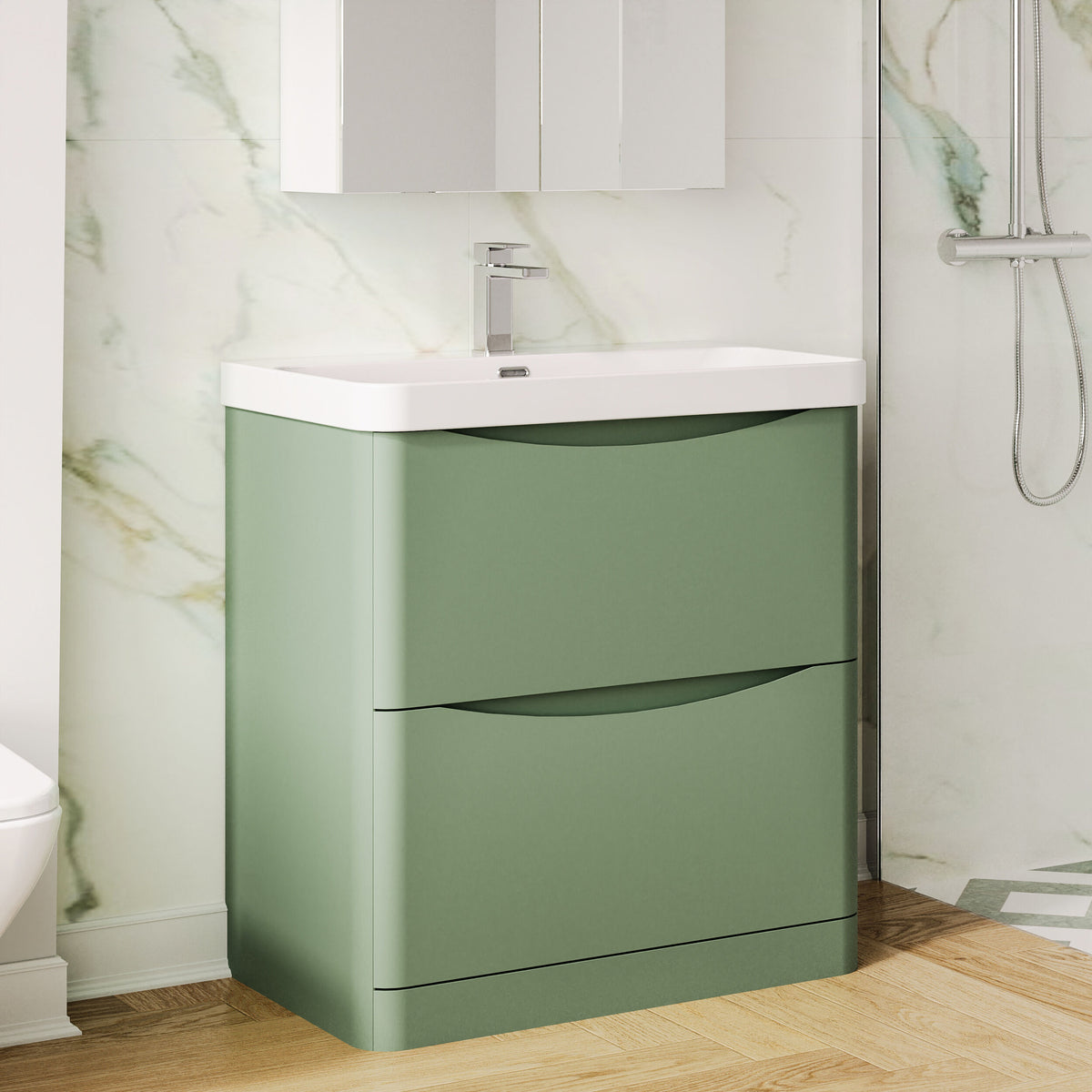 Modern Splash 800mm Satin Green 2 Drawer Floor Standing Vanity Unit With Thin Edge Basin