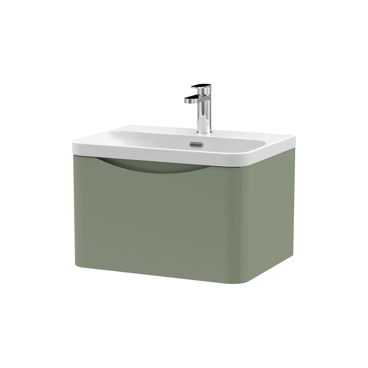 Modern Splash 600mm Satin Green 1 Drawer Wall Hung Vanity Unit With Thin Edge Basin