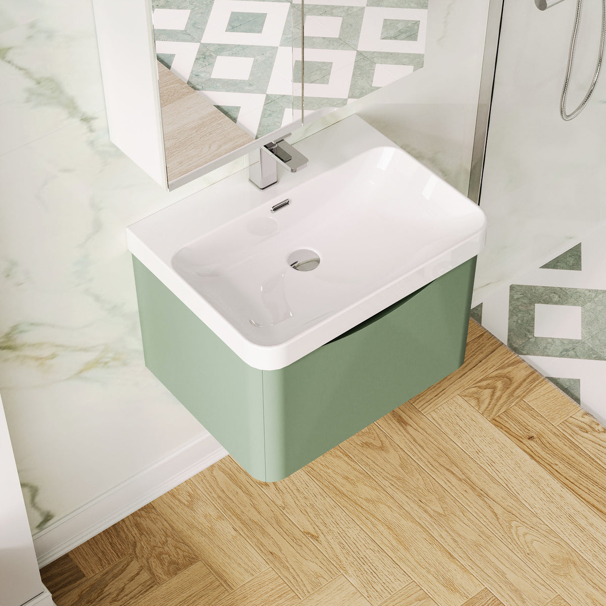 Modern Splash 600mm Satin Green 1 Drawer Wall Hung Vanity Unit With Thin Edge Basin