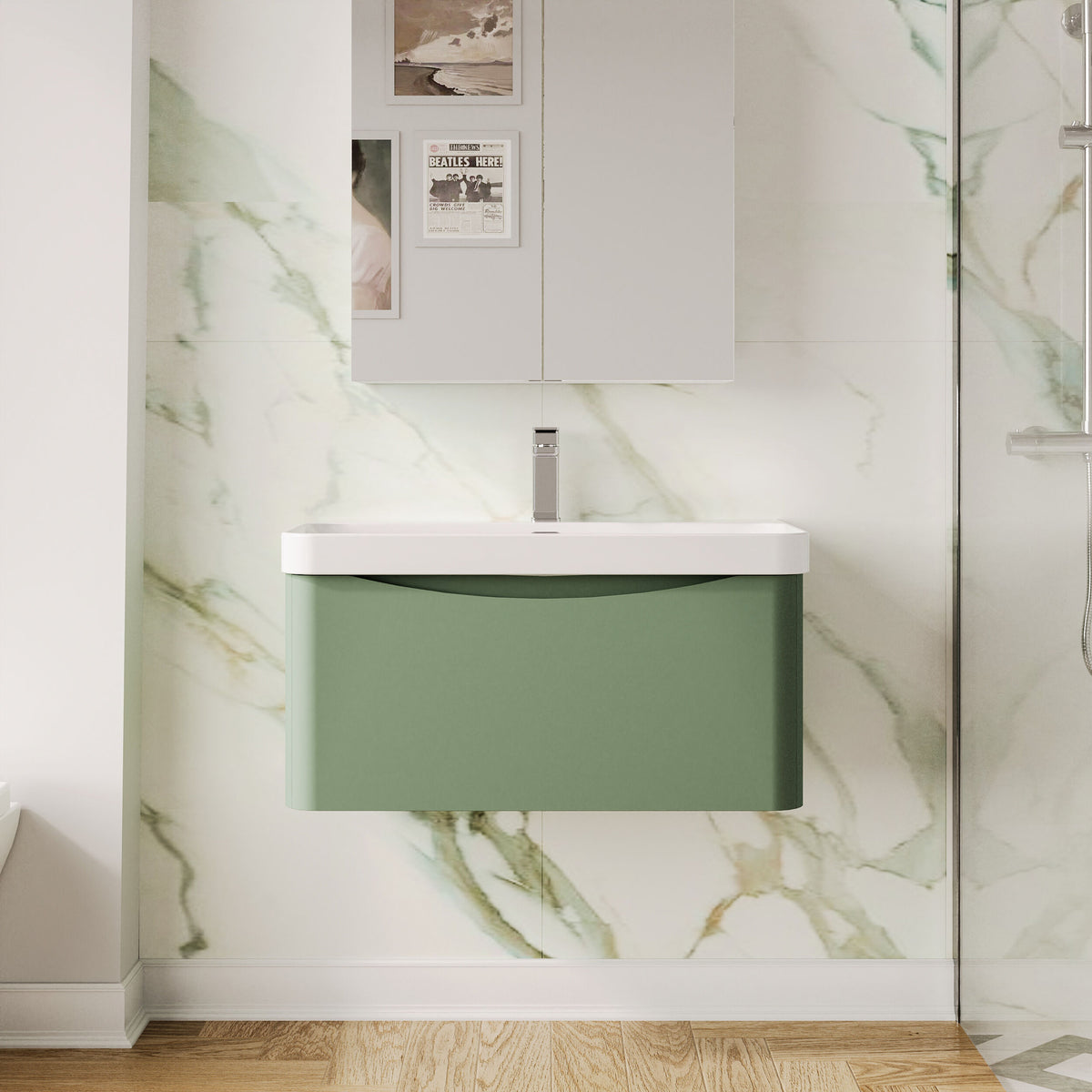 Modern Splash 800mm Satin Green 1 Drawer Wall Hung Vanity Unit With Thin Edge Basin