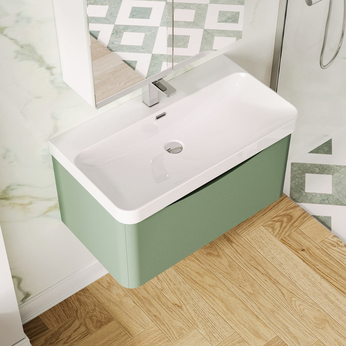 Modern Splash 800mm Satin Green 1 Drawer Wall Hung Vanity Unit With Thin Edge Basin