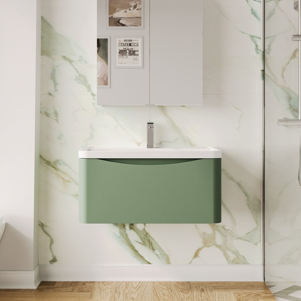 Modern Splash 800mm Satin Green 1 Drawer Wall Hung Vanity Unit With Polymarble Basin