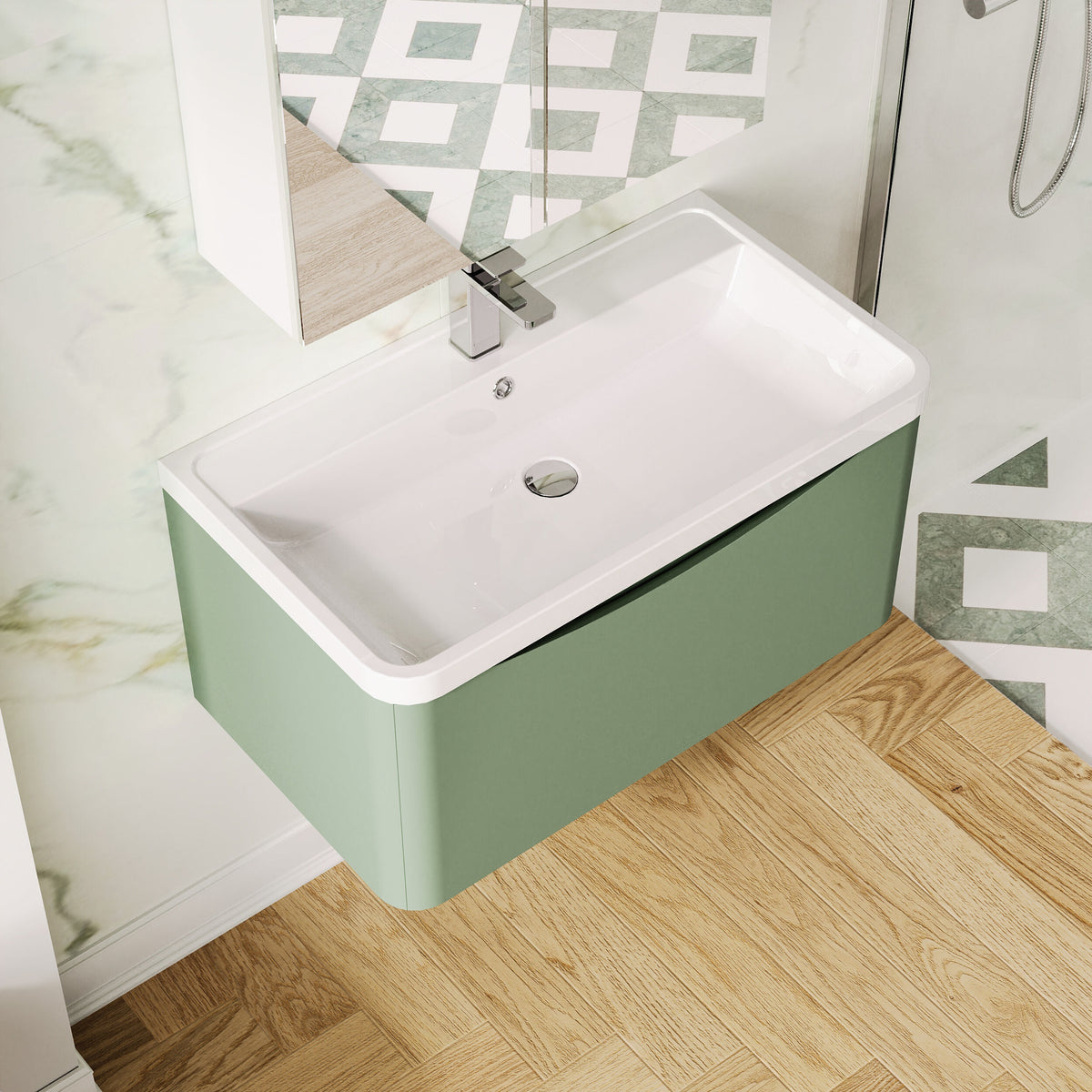 Modern Splash 800mm Satin Green 1 Drawer Wall Hung Vanity Unit With Polymarble Basin