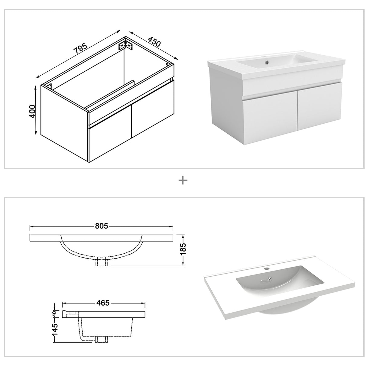 Modern Splash Mat White Wall-Mounted Bathroom Vanity Unit With Thick Ceramic Basin Double Doors 790*450*400mm