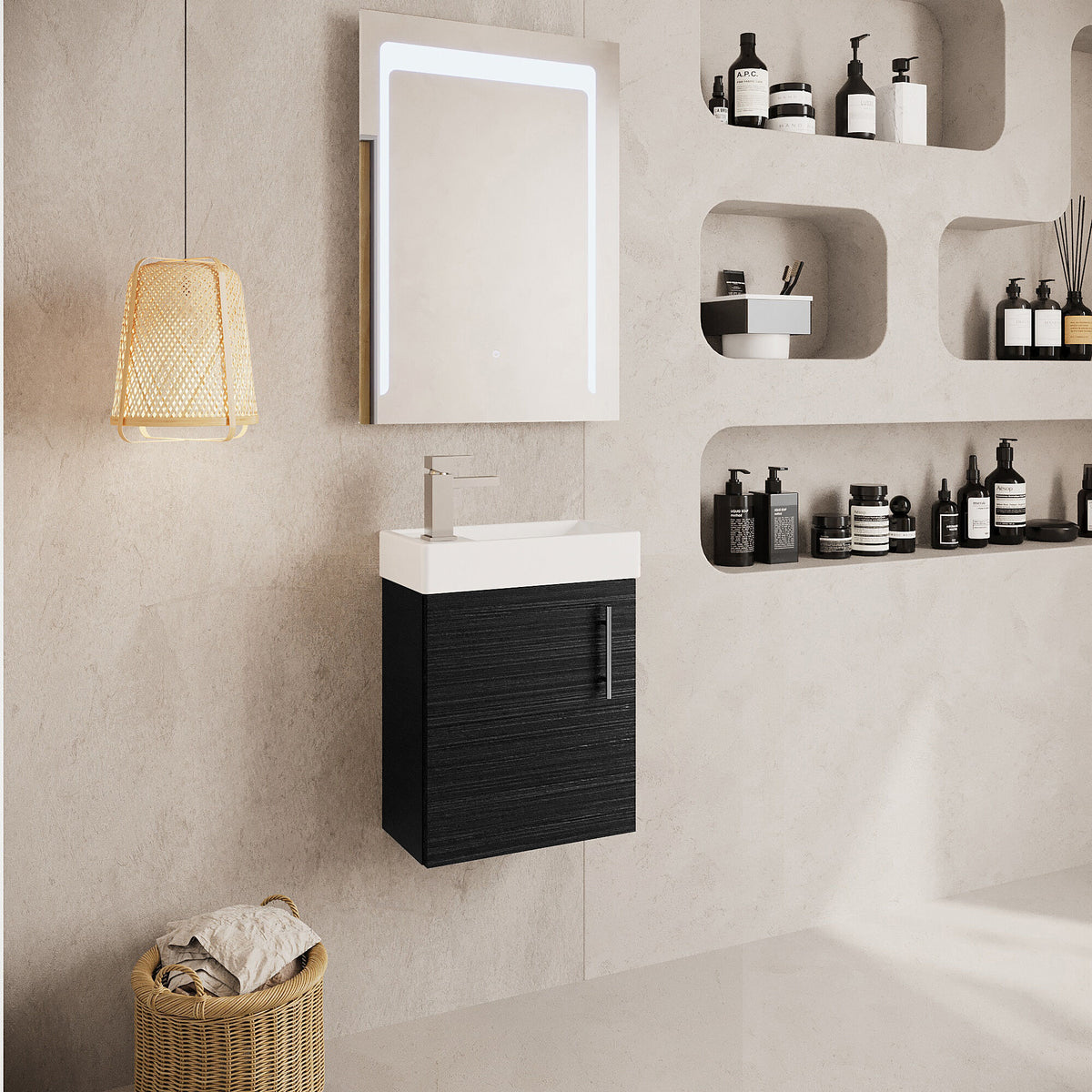 Modern Splash 400mm Charcoal Black Wall Hung 1 Door Compact Vanity Unit With 1 Tap Hole Basin