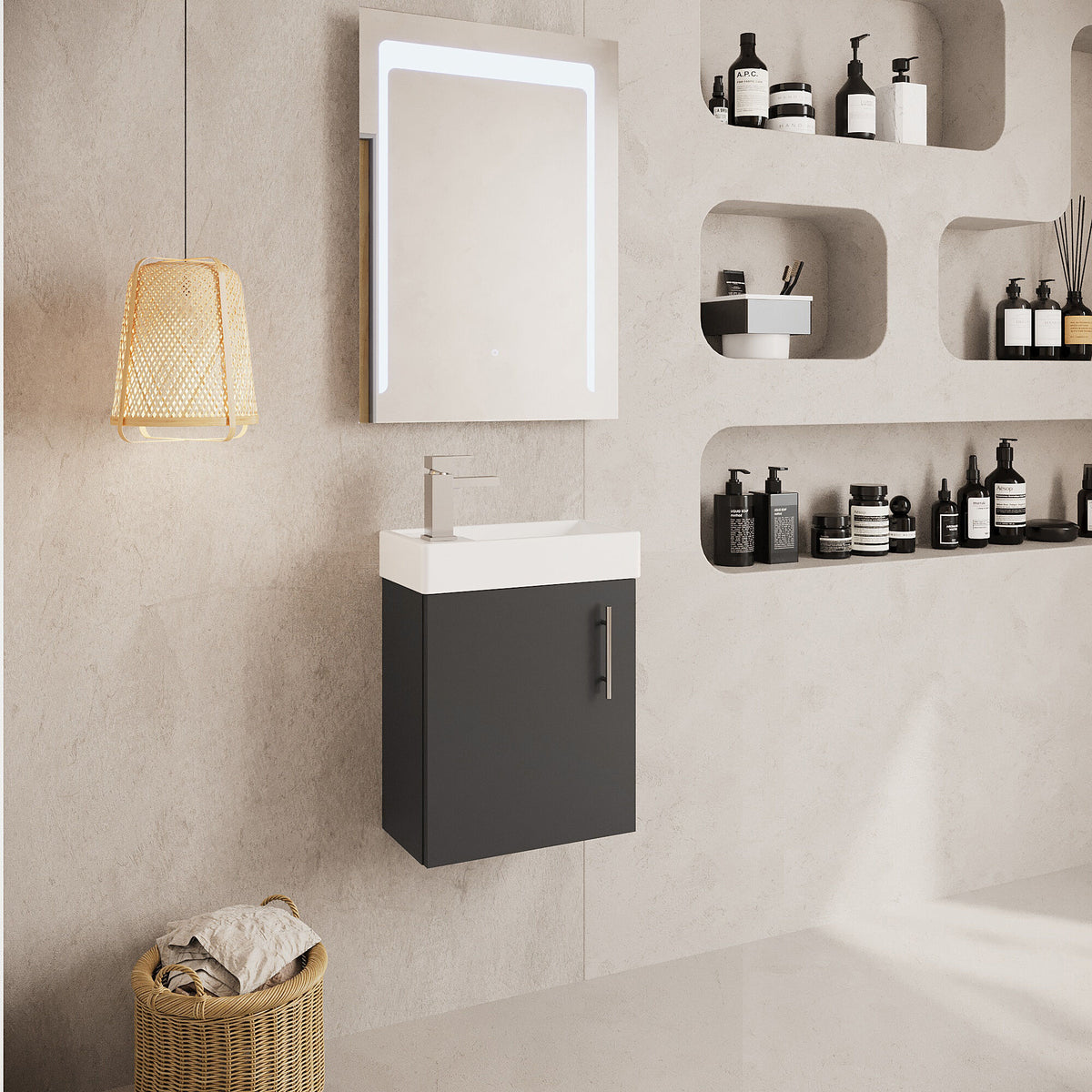 Modern Splash 400mm Gloss Grey Wall Hung 1 Door Compact Vanity Unit With 1 Tap Hole Basin