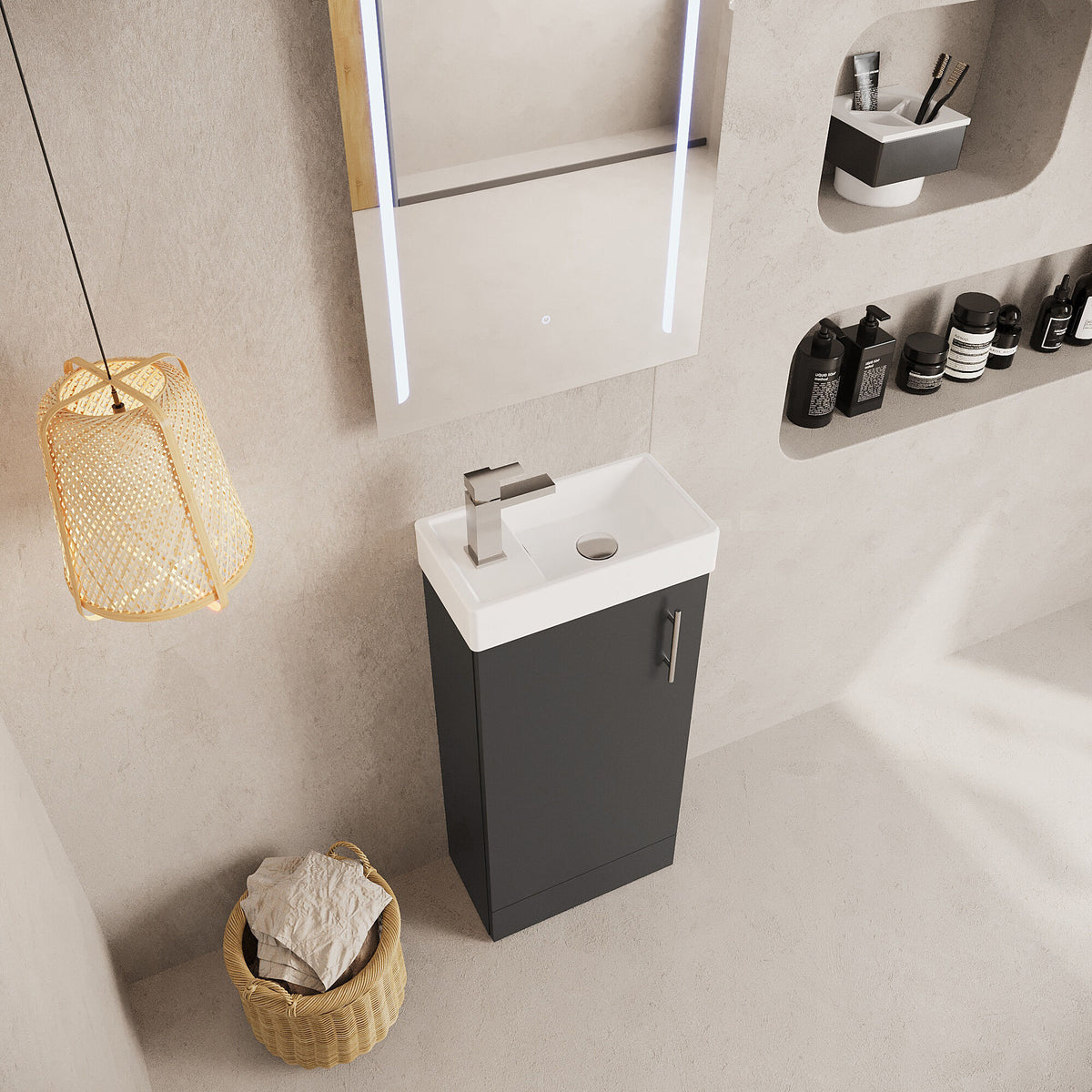 Modern Splash 400mm Gloss Grey Floor Standing 1 Door Compact Vanity Unit With 1 Tap Hole Basin