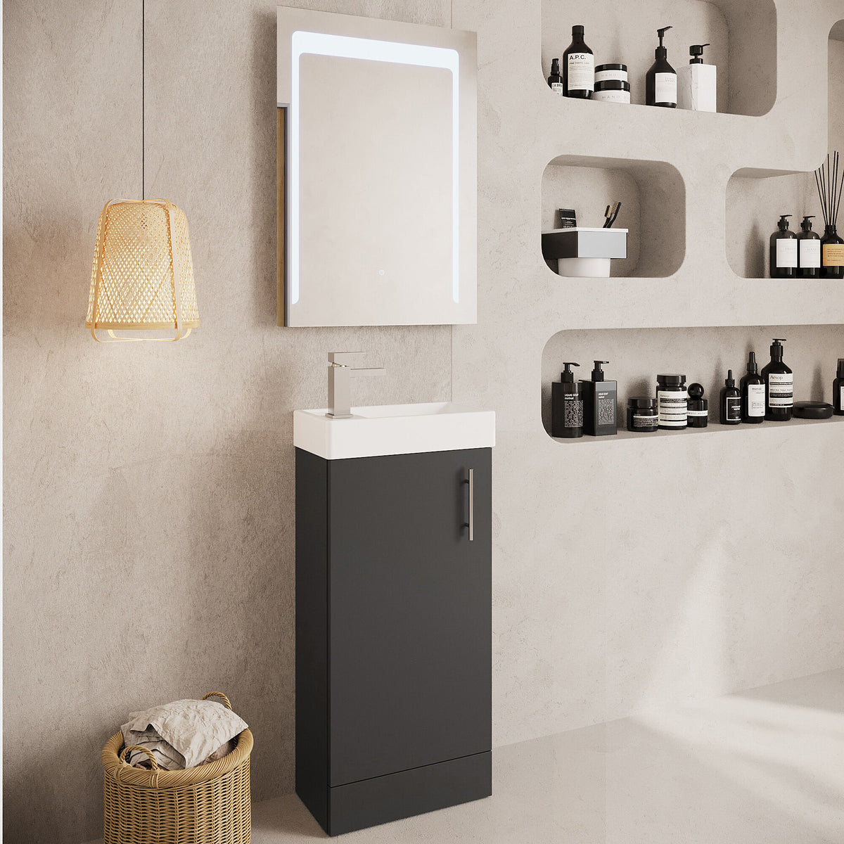 Modern Splash 400mm Gloss Grey Floor Standing 1 Door Compact Vanity Unit With 1 Tap Hole Basin