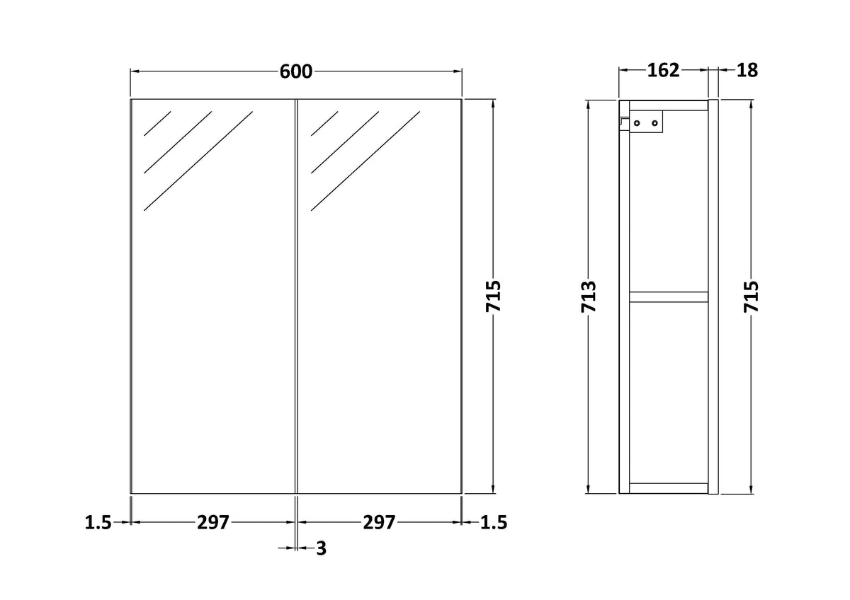 Modern Splash 600 x 713mm Gloss Grey Wall Hung 50/50 Mirror Cabinet