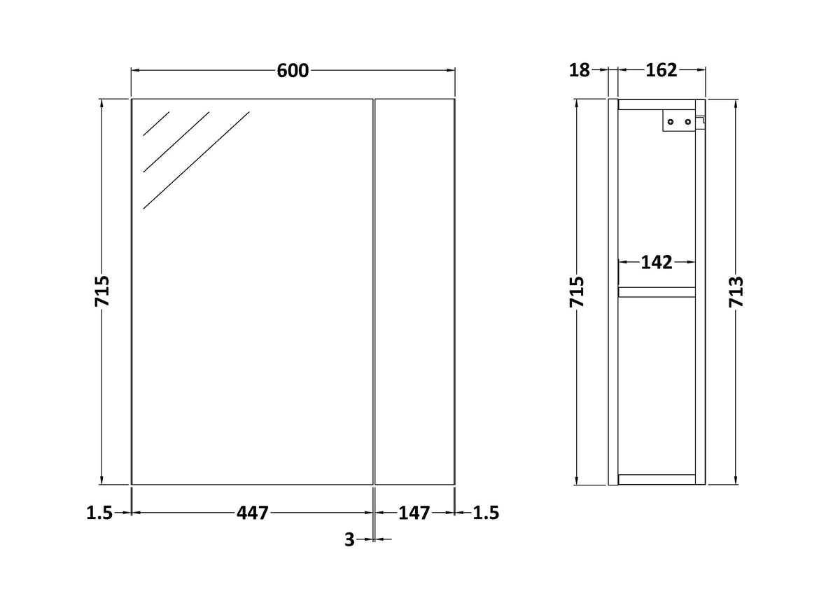 Modern Splash 600 x 713mm Gloss Grey Wall Hung 75/25 Mirror Cabinet