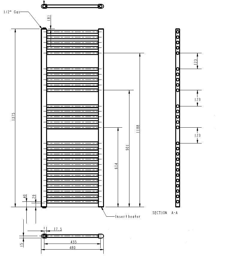Anthracite 1375mm x 480mm Vertical Electric Heated Towel Rail