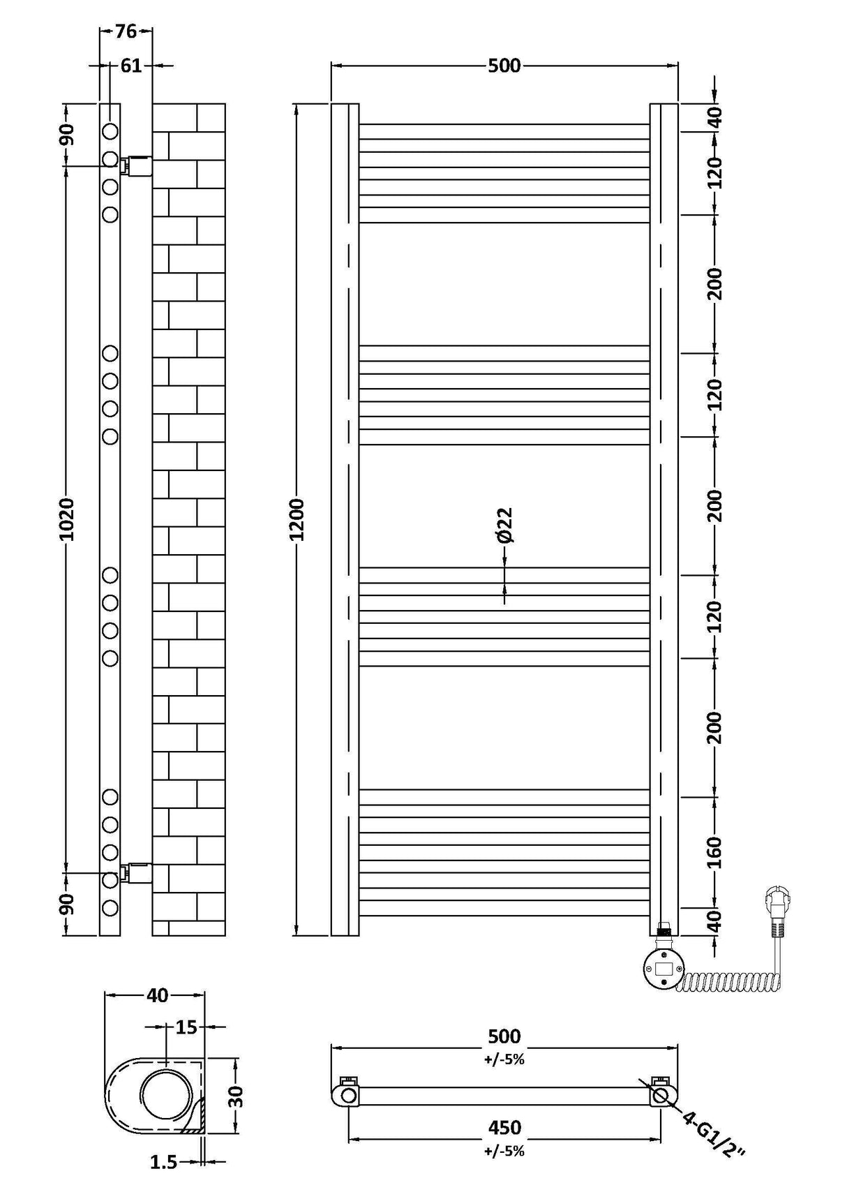 Anthracite 1200mm x 500mm Vertical Electric Heated Towel Rail