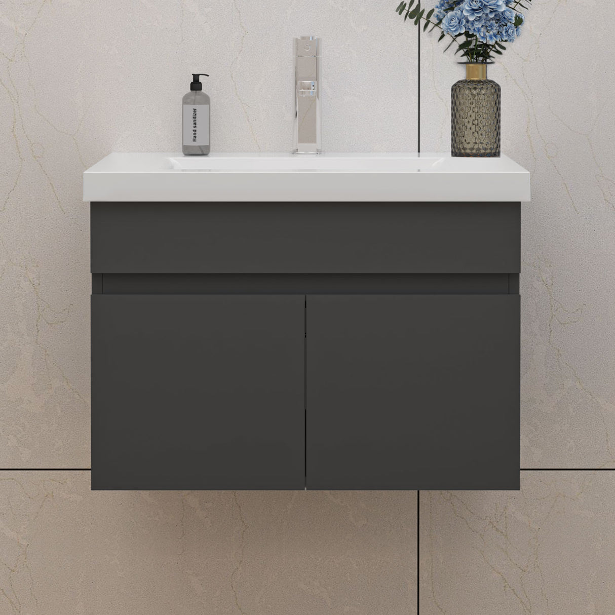 Modern Splash Mat Anthracite Wall-Mounted Bathroom Vanity Unit With Thick Ceramic Basin Double Doors 590*385*400mm