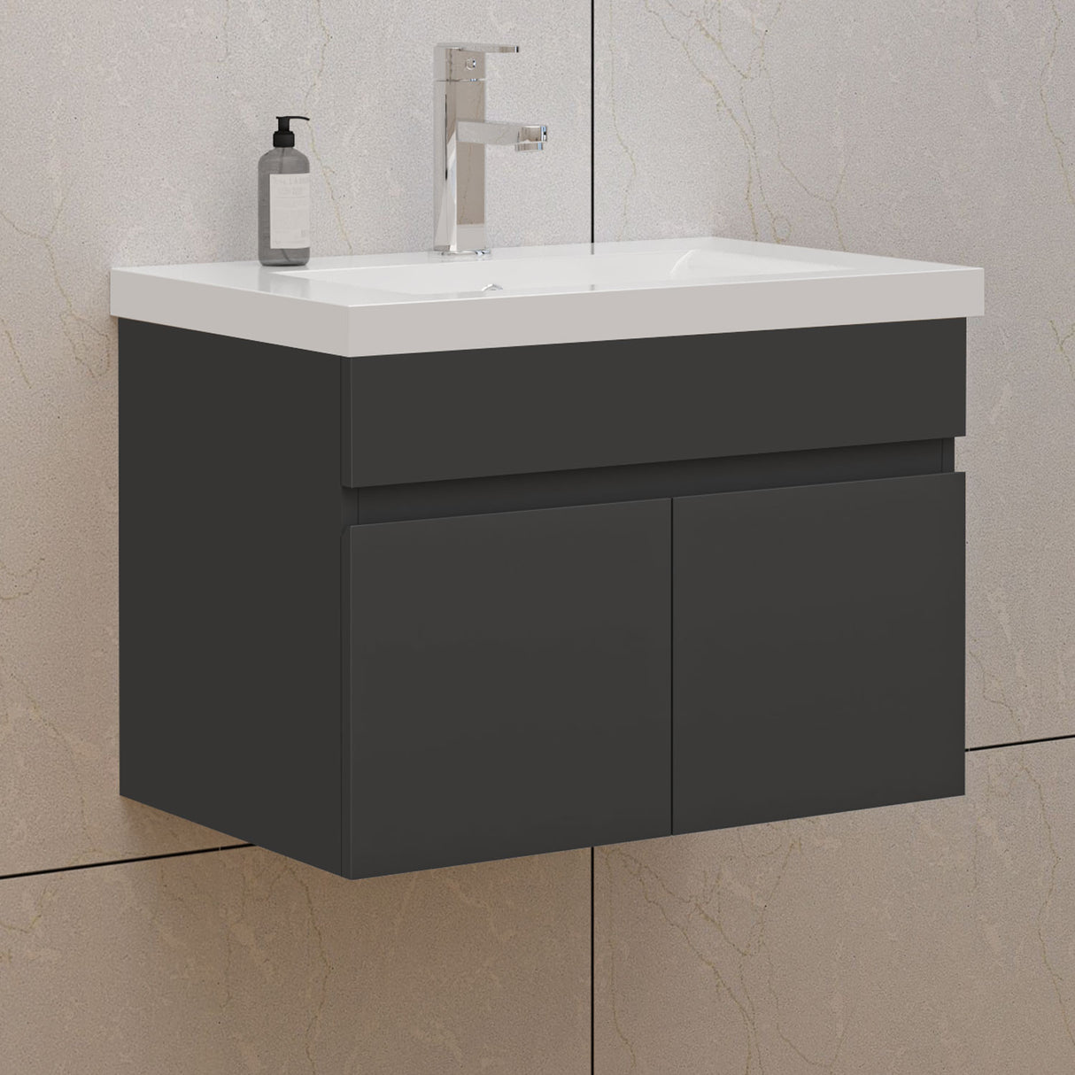 Modern Splash Mat Anthracite Wall-Mounted Bathroom Vanity Unit With Thick Ceramic Basin Double Doors 590*385*400mm