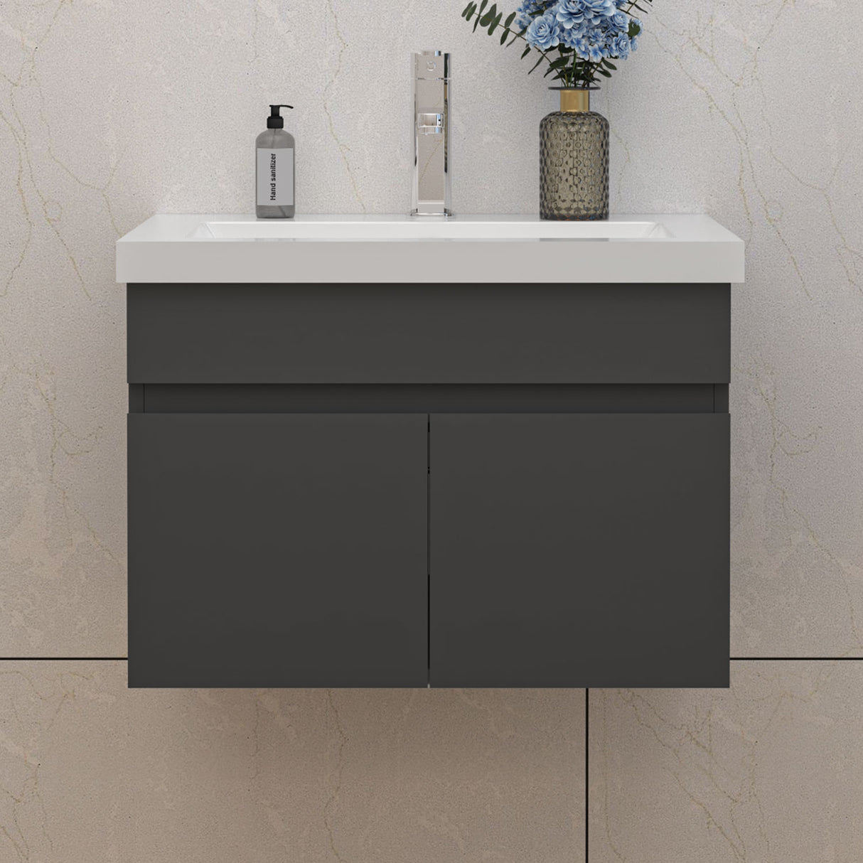 Modern Splash Mat Anthracite Wall-Mounted Bathroom Vanity Unit With Basin Double Doors 590*385*400mm