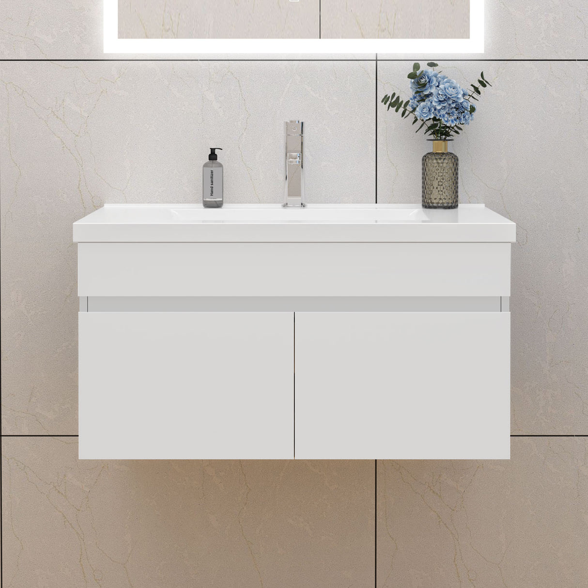 Modern Splash Mat White Wall-Mounted Bathroom Vanity Unit With Thick Ceramic Basin Double Doors 790*450*400mm
