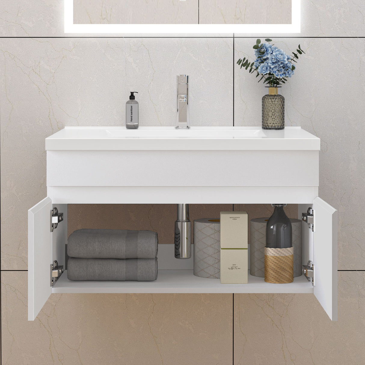 Modern Splash Mat White Wall-Mounted Bathroom Vanity Unit With Basin Double Doors 790*450*400mm