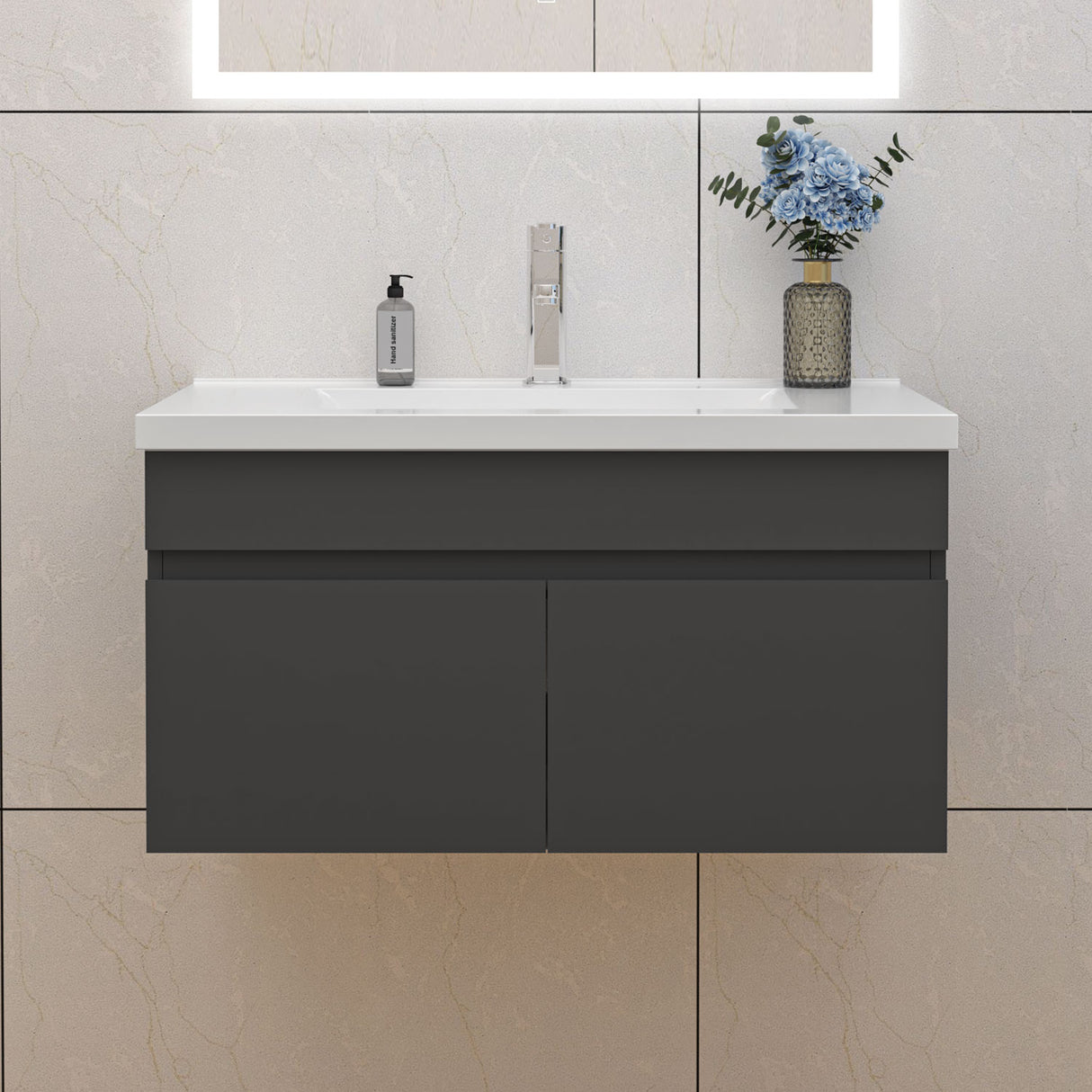 Modern Splash Mat Anthracite Wall-Mounted Bathroom Vanity Unit With Thick Ceramic Basin Double Doors 790*450*400mm