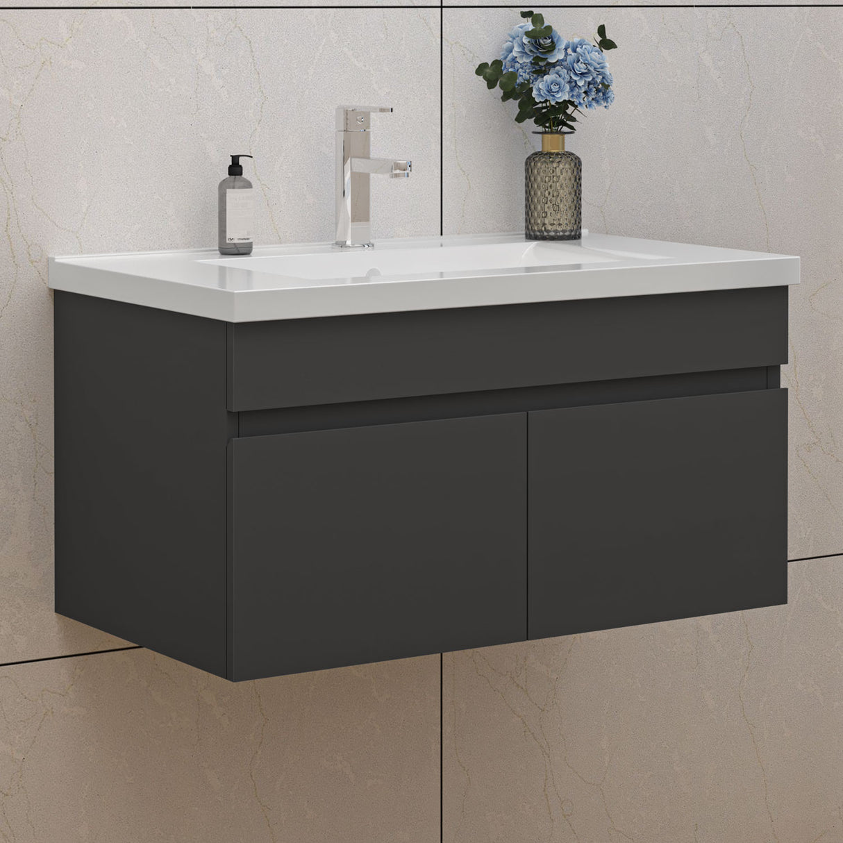 Modern Splash Mat Anthracite Wall-Mounted Bathroom Vanity Unit With Basin Double Doors 790*450*400mm