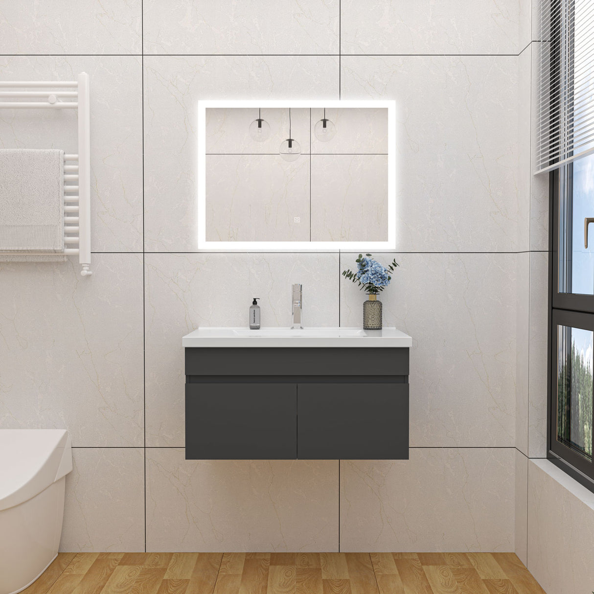 Modern Splash Mat Anthracite Wall-Mounted Bathroom Vanity Unit With Basin Double Doors 790*450*400mm