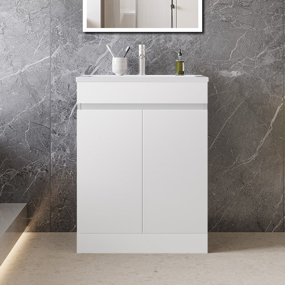 Modern Splash Mat White Free Standing Bathroom Vanity Unit With Thin Ceramic Basin And Double Door 600*390*800mm