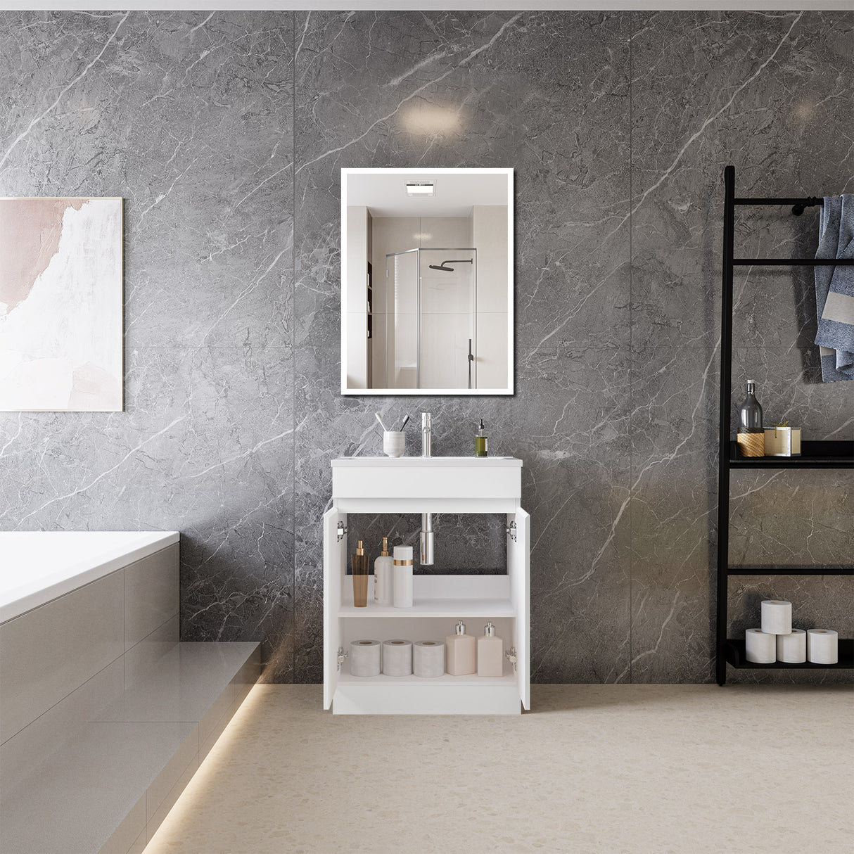 Modern Splash Mat White Free Standing Bathroom Vanity Unit With Thin Ceramic Basin And Double Door 600*390*800mm